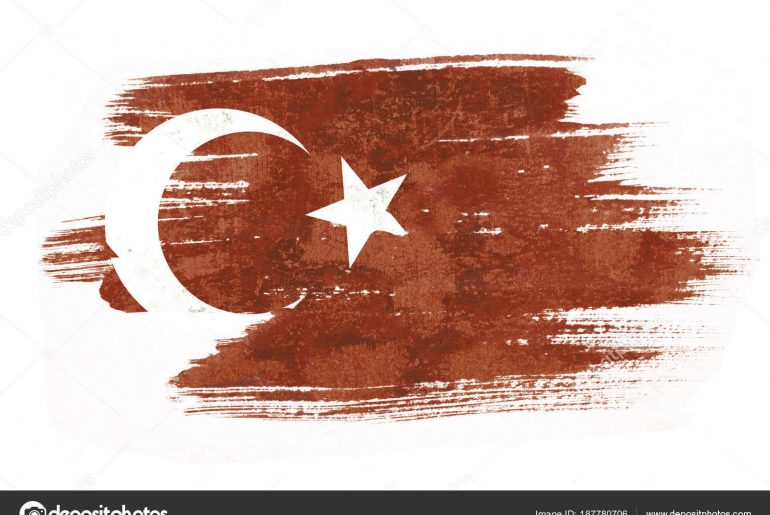 Art brush watercolor painting of Turkish flag blown in the wind isolated on white background.