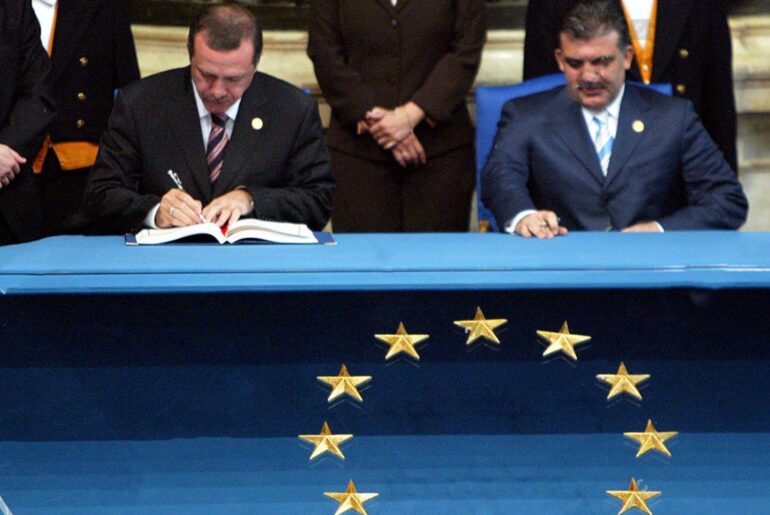 Mandatory Credit: Photo by Maurizio Brambatti/EPA/Shutterstock (8145677a)
Turkish Prime Minister Tayyip Erdogan (l) and Foreign Minister Abdullah Gul Sign the European Constitution For Their Country on Friday 29 October 2004 in the Horatii and Curatii Hall at the Campidoglio Hall in Rome Italy Italy Roma
Italy Eu Constitution Signing Erdogan Gul - Oct 2004